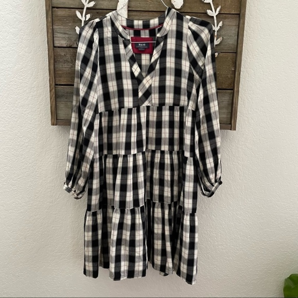 Anthropologie Maeveā Amber black plaid tiered babydoll dress size XS